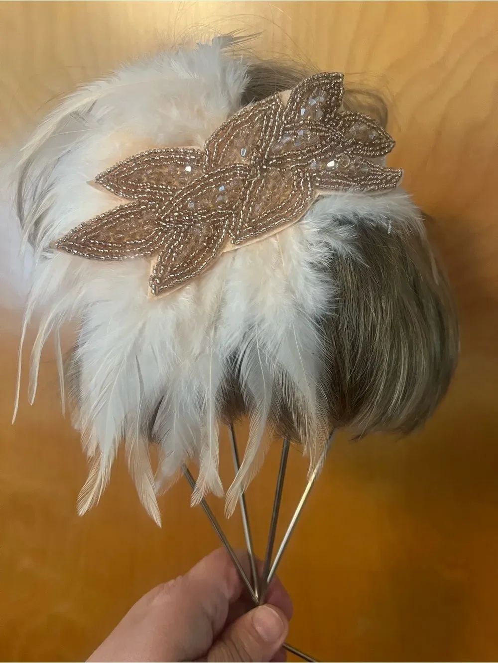 Beaded Feather Bridal Headpiece - Champagne White